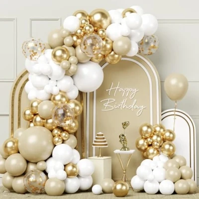 Afbeelding van Witgouden ballonboog kit, 100 stuks wit zand gouden ballonslinger met beige ballonnen voor verjaardagsfeestje decoratie boho bruiloft verjaardag babyshower verloving geslacht onthulling bruids douche