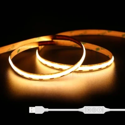 Afbeelding van GINGSOW Usb COB ledstrip, 5 V, warmwit, 2700 K, 3 m, 320 leds/m, dimbaar, CRI80+ tv achtergrondverlichting, flexibele led strip, ondervloerlamp voor keuken, thuis, doe het zelf