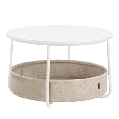 Afbeelding van VASAGLE ronde salontafel, tafel met opbergruimte, bijzettafel, woonkamertafel stoffen mand, modern, metalen frame, mat wit kameelbruin LCT244W10