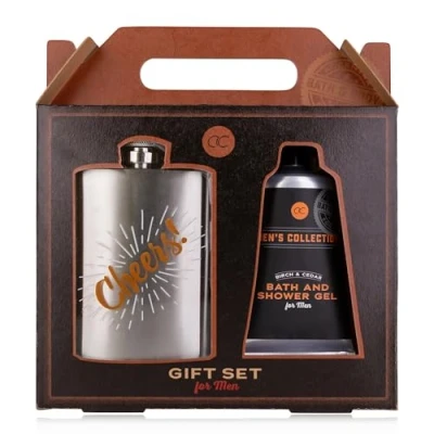 Afbeelding van Accentra cadeauset MEN&#039;S COLLECTION voor heren, heupfles van roestvrij staal en 60 ml bad douchegel in een geschenkdoos kraftpapier, bruin zwart