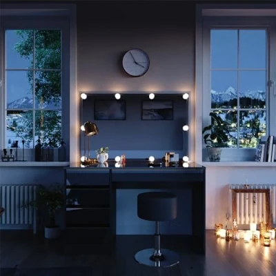 Afbeelding van Vicco Make uptafel Sherry, zwart, 120 cm met ledverlichting en kruk