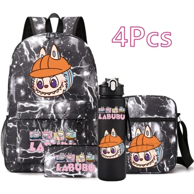 Afbeelding van Schooltas 4 delige Rugzak Set met Waterfles, Lunchtas &amp; Etui Canvas Schoolrugzak voor Tieners 32x15x45cm Zwart