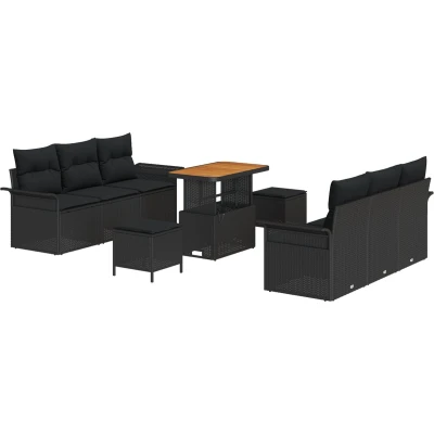 Afbeelding van vidaXL 9 delige tuin sofa set met kussens Zwart Poly Rattan Acacia