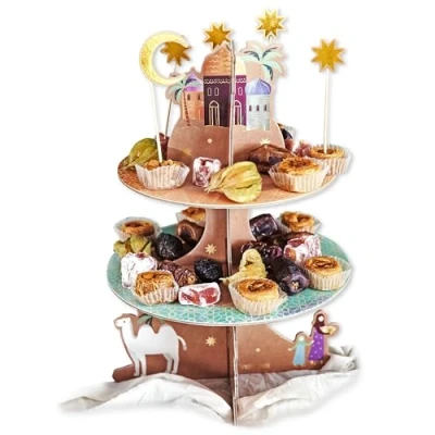 Afbeelding van Papierdrachen Taartetagère voor ramadan prachtige tafeldecoratie perfect snoepjes suikerfeest goudfolie met 12 bijpassende muffinstekkers set 3