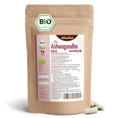 Afbeelding van Ashwagandha capsules Bio 400 stuks navulverpakking fijngemalen poeder in capsule vorm gecertificeerde biologische kwaliteit belangrijke rol Ayurveda vom Achterhof