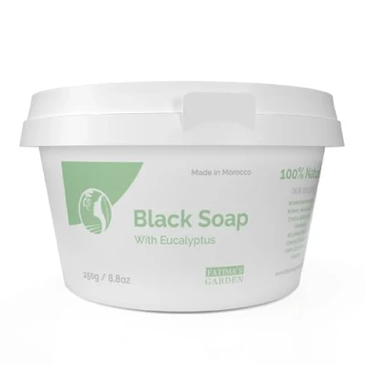 Afbeelding van Fatima&#039;s Garden Zwarte Zeep met Eucalyptus Zuiverende Reiniger, 250g