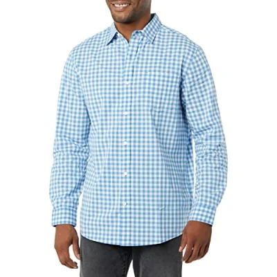 Afbeelding van Amazon Essentials Regular Fit Stretch Poplin Shirt met lange mouwen, voor heren, lichtblauw wit Gingham, XS