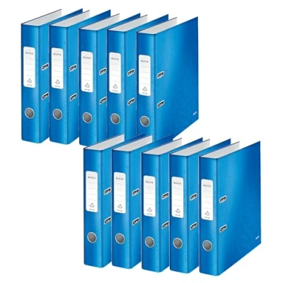 Afbeelding van Leitz Kwaliteitsordner 180, pak van 10, A4, smal, 5,2 cm rugbreedte, gelamineerd grijs karton, blauw, WOW serie, 10060036
