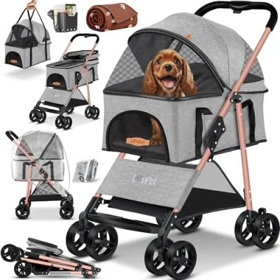 Afbeelding van LOVPET® Hondenwagen, 2 in 1 hondenbuggy, hondenbench, transporttas, opvouwbaar, tot 20 kg, huisdieren, buggy met gaasramen en regenhoes, jogger, kattenbuggy voor kleine honden katten, Lichtgrijs