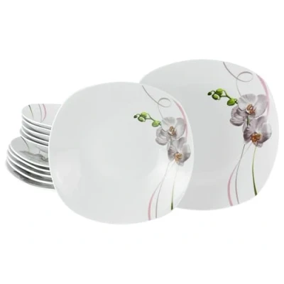 Afbeelding van CreaTable, 24025, serie Square Orchidee, 12 delige serviesset voor 6 personen, tafelservies van porselein, vaatwasser en magnetronbestendig, kwaliteitsproductie