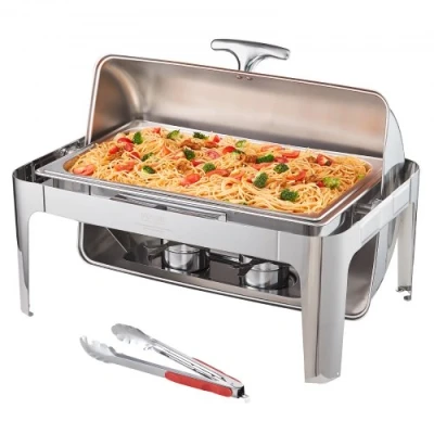Afbeelding van VEVOR Roll Top Chafing Dish Buffet Complete Set, 8 Qt RVS Chafer met Full Size Pan, Rechthoek Catering Warmer Server Deksel Water Pan Stand Brandstofhouder Maaltijdclip, voor ten minste personen
