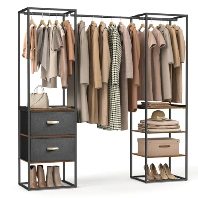 Afbeelding van SONGMICS Kledingkast, open kast, massief kledingrek met 1 uittrekbare stang, 2 laden en 4 planken, voor slaapkamer, ruimtebesparend, rustiek bruin RGR003B01