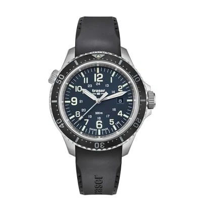 Afbeelding van Traser Heren analoog kwarts horloge met rubberen Armband 109374, zilver zwart blauw,