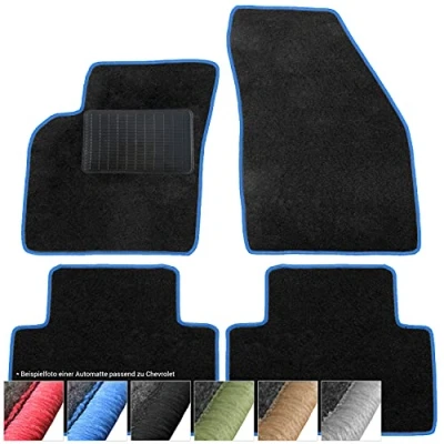 Afbeelding van moto MOLTICO Vloermatten auto velours autotapijten zwart automatten set 4 delig geschikt voor Chevrolet Spark vanaf 2010 (blauw siernaden)