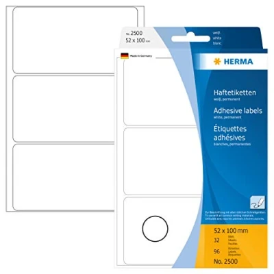 Afbeelding van HERMA 2500 multifunctionele etiketten groot (52 x 100 mm, 32 velles, papier, mat) zelfklevend, permanent klevende huishoudelabels voor handschrift, 96 stickers, wit