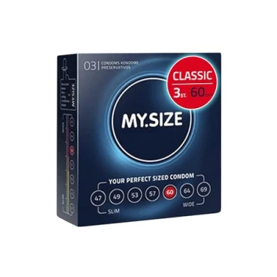 Afbeelding van MY.SIZE Classic condooms maat 5 I 60 mm breed 3 stuks proefverpakking Premium extra dun true to touch gossamer dunne 0,07 wanddikte veganistisch