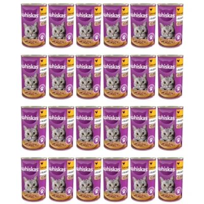 Afbeelding van Whiskas Adult 1+ kattenvoer, natvoer met kip in gelei, 24 blikjes (24 x 400 g)