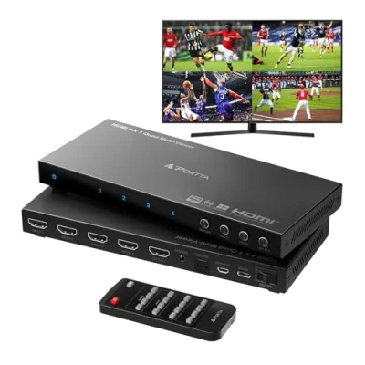 Afbeelding van HDMI Multiviewer Switch 4x1 met PIP, PORTTA Quad Multi Viewer Naadloze Switcher 4 in 1 Out Toslink, 3,5 mm audio uitgang ondersteuning 1080p 60Hz, 6 kijkmodi, downscaler, compatibel PS4 Xbox