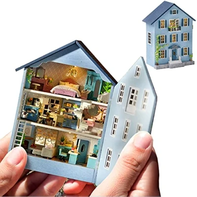 Afbeelding van Poppenhuis, doe het zelf, miniatuur, houten meubelset, mini, handgemaakt poppenhuis met led, schaal 1:24, creatief knutselspeelgoed hout voor volwassenen, vriend, geliefde, verjaardagscadeau