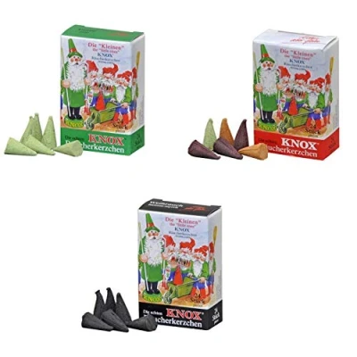 Afbeelding van KNOX Mini wierookkegels/rookkegels maat S set van 3 met geurnoten: wierook, spar, bonte mix totaal 72 stuks Made in Germany