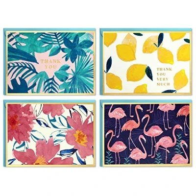 Afbeelding van Hallmark Assortiment bedankkaarten en blanco kaarten in doos (vier verschillende tropische ontwerpen, 40 notitiekaarten enveloppen)