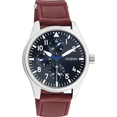 Afbeelding van Oozoo Herenhorloge met afgenaaide nylon klittenband armband 42 mm diameter chrono look wijzerplaat, zilver/petroleum/roodbruin, Riemen.