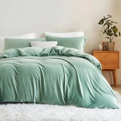 Afbeelding van Lanqinglv Flanel fleece beddengoed, 135 x 200 cm, groen, lichtgroen, pluche, wollig, winterbeddengoed, warme kasjmier touch, flanel, effen, dekbedovertrek met ritssluiting en kussensloop 80 cm