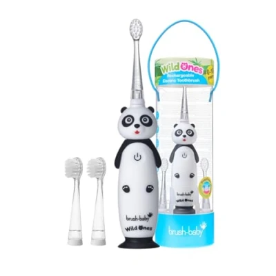 Afbeelding van Brush Baby Electrische Oplaadbare Kindertandenborstel WildOnes Pan de Panda 0 10 jaar 3 opzetborstels 2 poetsstanden Timer &amp; Pulse Disco licht Zuignapvoet