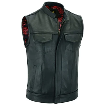 Afbeelding van Leatherick Groove Club Zwart leren vest voor heren, traditionele paisley satijnen voering, genaaid, 56