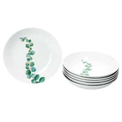 Afbeelding van MamboCat Eucalyptus Set van 6 soepborden, 350 ml, witte diepe porseleinen borden voor personen, met plantendecoratie, salade, soep, pasta en dergelijke, servies ontbijt, lunch