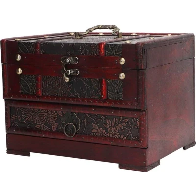 Afbeelding van Allecto Plus VintageSieraden Doos met Antieke Bloem Carving Houten Sieraden Opbergdoos Spiegel voor Ketting Oorbellen Opslag