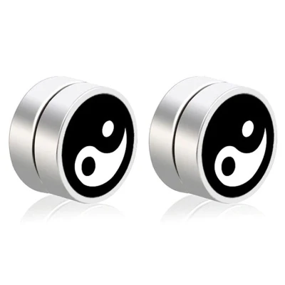 Afbeelding van Magnetische heren oorbellen LGT Jewels Yin Yang Zwart Zilverkleurig 8mm