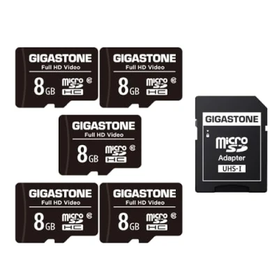 Afbeelding van Gigastone 8 GB geheugenkaart, 5 kaarten, hoge leessnelheid tot 80 MB/s. Ideaal voor draagbare Full HD video, U1 C10 Micro SDHC UHS I kaart met 2 mini hoesjes en 1 SD adapter.