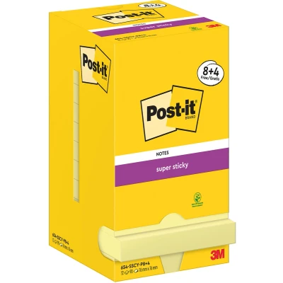 Afbeelding van Post it Super Sticky Notes, 90 Vel, Ft 76 X Mm, Geel, 8 + 4 Gratis Memoblok