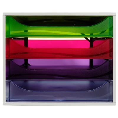 Afbeelding van Exacompta 228699D opbergbox Linicolor met 4 laden voor DIN A4+ documenten. Ecobox hoge capaciteit meer ruimte op het bureau Big Box GrijsKleurrijk