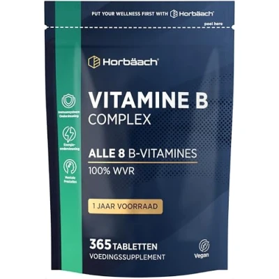 Afbeelding van Vitamine B Complex 1 Jaar Voorraad 365 Vegan Tabletten Alle 8 Vitaminen + Choline B1, B2, B3, B5, B6, B12, Biotine &amp; Foliumzuur Horbaach