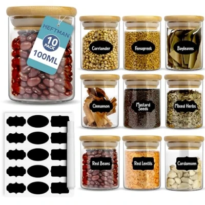 Afbeelding van 100 ml kruidenpotjes set van 10 potten met bamboe deksels en luchtdichte afsluiting borosilicaatglas voorraadpotten voor specerijen, kruiden, thee, koffie, rijst meer etiketten pen