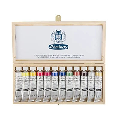 Afbeelding van Schmincke kalligrafie plakkaatverf, 12 x 20 ml tubes, 72 028 097, mooiste tinten in houten doosje, briljant, inclusief goudparel en zilver, technieken
