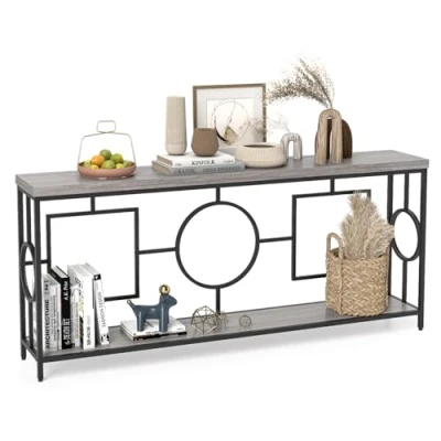 Afbeelding van COSTWAY Vintage consoletafel 180 cm, haltafel met 2 niveaus, banktafel smal metalen frame, entreetafel, hout, bijzettafel voor woonkamer, kantoor en entree