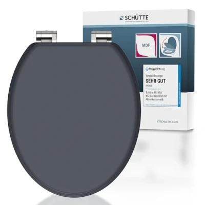 Afbeelding van SCHÜTTE wc bril SPIRIT met softclosemechanisme van hout, toiletdeksel MDF, houten kern, toiletbril deksel, en belastbaar tot 175 kg, antraciet