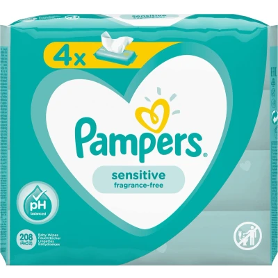 Afbeelding van 1x Pampers Billendoekjes Sensitive Navulpak 4x52 = 208 doekjes stuks