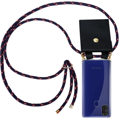Afbeelding van Cadorabo Hoesje geschikt voor Samsung Galaxy M21 / M30s in BLAUW ROOD WITTE STIP Silicone Mobiele telefoon ketting beschermhoes met gouden ringen, koordriem en afneembare etui