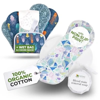 Afbeelding van Tieners herbruikbare menstrual pads, 6 pack; MINI; organisch katoen; coastal; witte vleugels