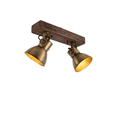 Afbeelding van QAZQA Plafondlamp brons 2 lichts met hout Mangoes