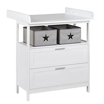 Afbeelding van roba babycommode Hamburg met aankleedaanzet, 2 canvas boxen en wandbevestiging, luiertafel aankleedopzetstuk, bruikbaar als commode, aankleedhoogte 92 cm schuifladen wit