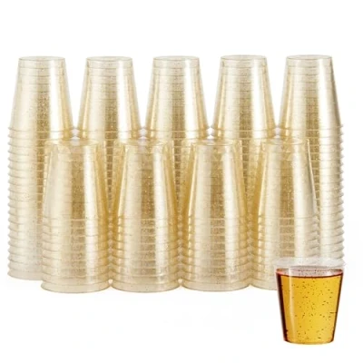 Afbeelding van MATANA 60 Plastic Shotglaasjes, Transparante Shotglazen met Gouden Glitter (30ml) Borrelglaasjes voor Bruiloften, Verjaardagen, Kerst &amp; Feesten Stevig Herbruikbaar