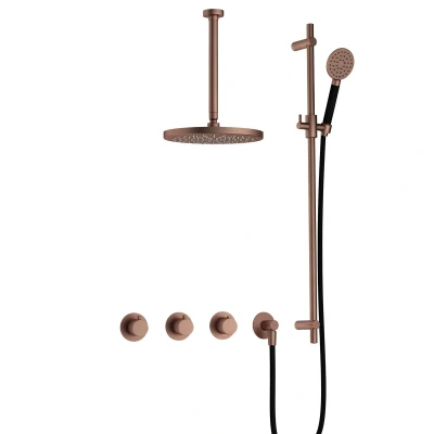 Afbeelding van Hotbath Cobber Regendoucheset IBS70 Geborsteld Koper PVD Ronde handdouche 20cm Hoofddouche 30cm Plafondbuis Handouche met glijstang
