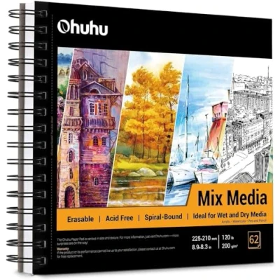 Afbeelding van Ohuhu Schetsboek voor kunstenaars: 225 x 210 mm Sketchbook spiraalbinding 124 pagina&#039;s (62 vellen) tekenblok 200gsm gemengde media dik papier zuurvrij schetsblok schets acryl aquarel