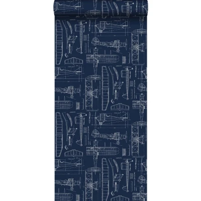Afbeelding van Leen Bakker ESTAhome Behang Vliegtuigen Donkerblauw 53cm X 10.05 M Blauw Vlies