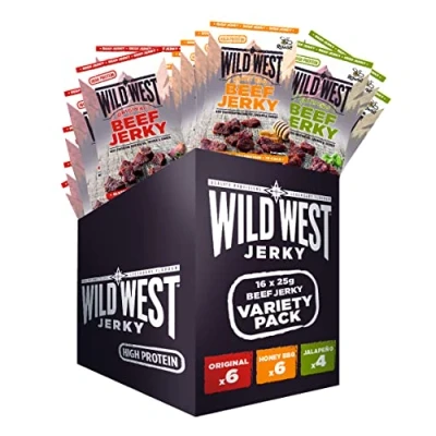 Afbeelding van Wild West Beef Jerky, high Protein droog vlees, Jerky snack, gedroogd rundvlees 16x25g Mix Box, 6x Original, Honey BBQ, 4x Jalapeno
